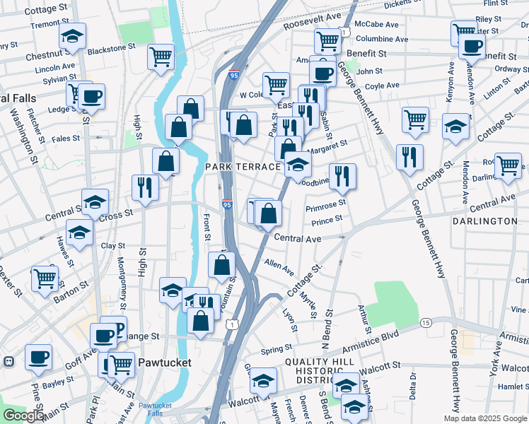map of restaurants, bars, coffee shops, grocery stores, and more near 458 Broadway in Pawtucket