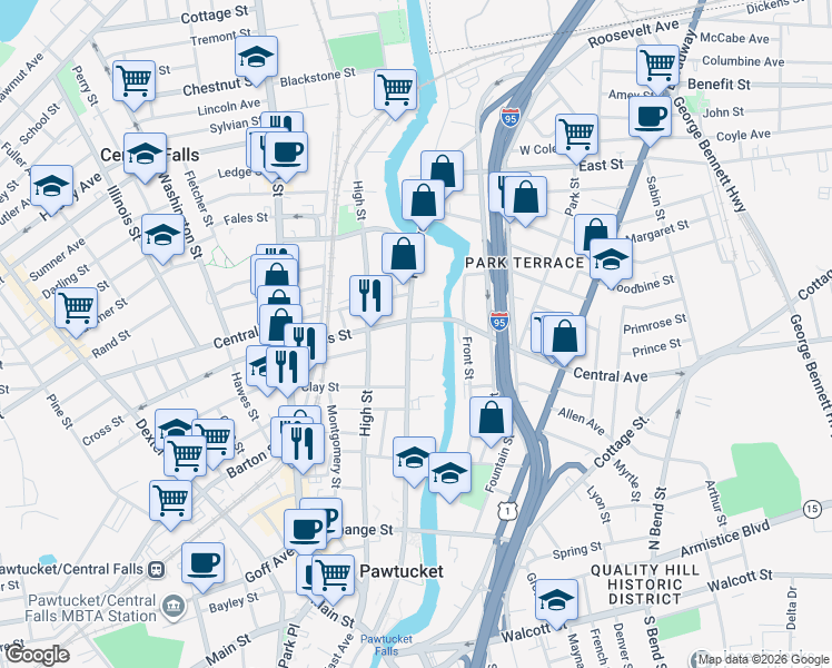 map of restaurants, bars, coffee shops, grocery stores, and more near 501 Roosevelt Avenue in Central Falls