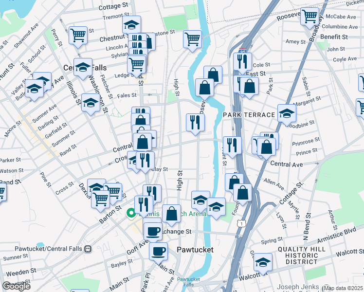map of restaurants, bars, coffee shops, grocery stores, and more near 27 Cross Street in Central Falls