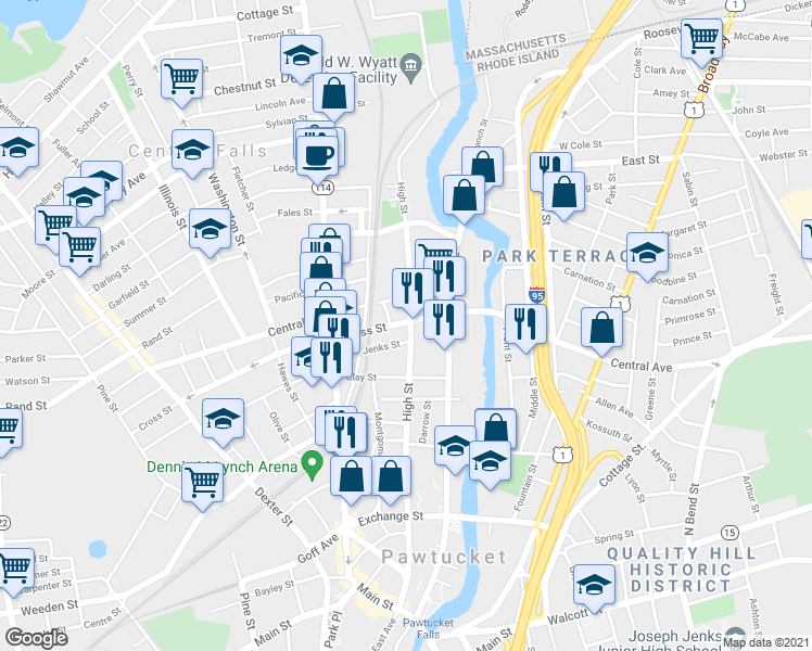 map of restaurants, bars, coffee shops, grocery stores, and more near 27 Cross Street in Central Falls
