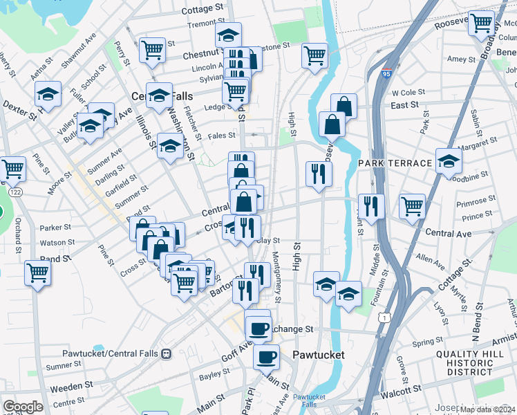 map of restaurants, bars, coffee shops, grocery stores, and more near 151 Central Street in Central Falls
