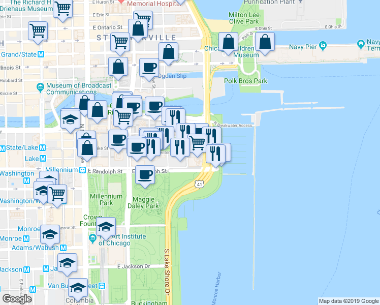map of restaurants, bars, coffee shops, grocery stores, and more near 195 North Harbor Service Drive in Chicago