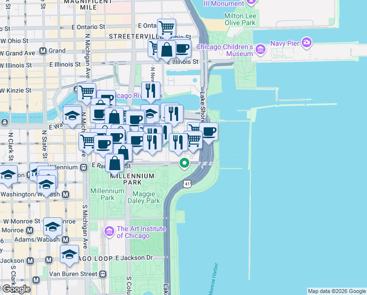 map of restaurants, bars, coffee shops, grocery stores, and more near 181 North Westshore Drive in Chicago