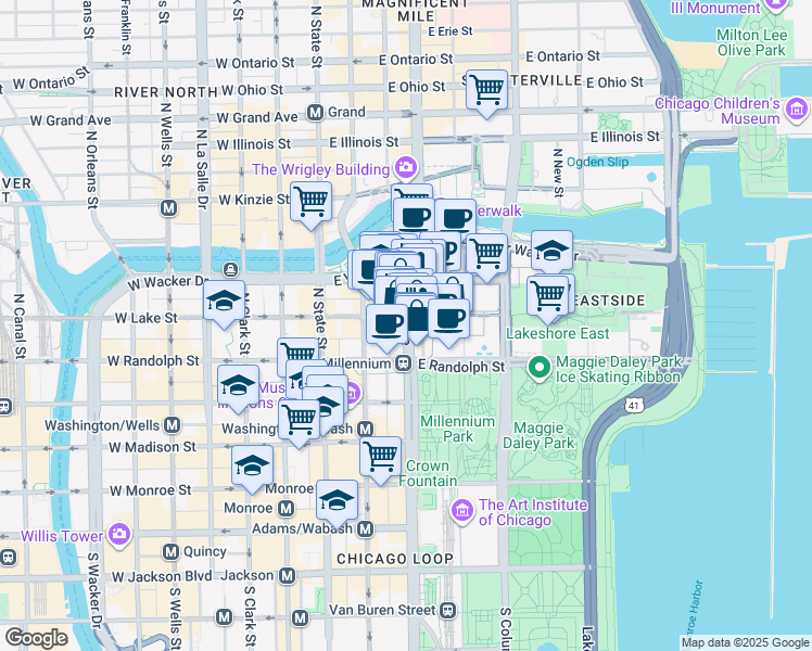map of restaurants, bars, coffee shops, grocery stores, and more near 201 North Michigan Avenue in Chicago