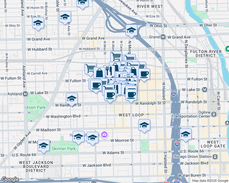 map of restaurants, bars, coffee shops, grocery stores, and more near in Chicago