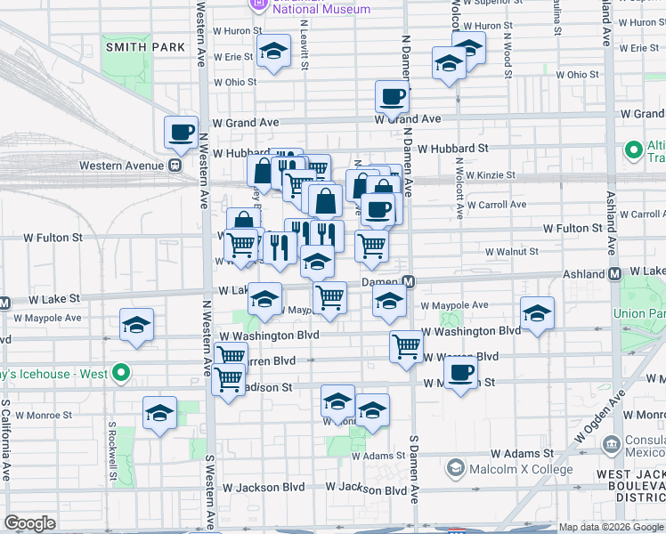 map of restaurants, bars, coffee shops, grocery stores, and more near 2142 West Walnut Street in Chicago