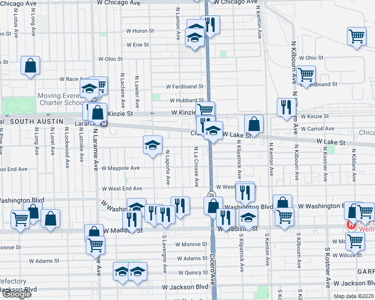 map of restaurants, bars, coffee shops, grocery stores, and more near 4838 West Fulton Street in Chicago