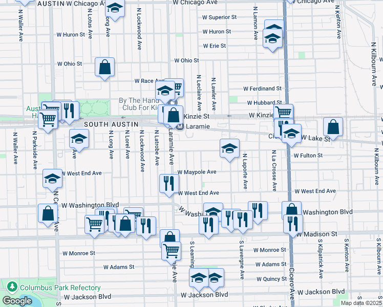 map of restaurants, bars, coffee shops, grocery stores, and more near 5102 West Fulton Street in Chicago