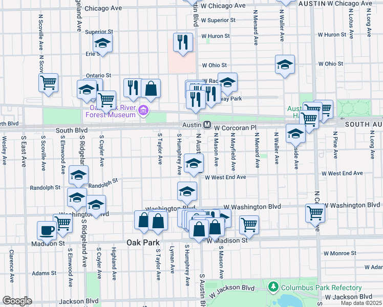 map of restaurants, bars, coffee shops, grocery stores, and more near 320 North Austin Boulevard in Oak Park