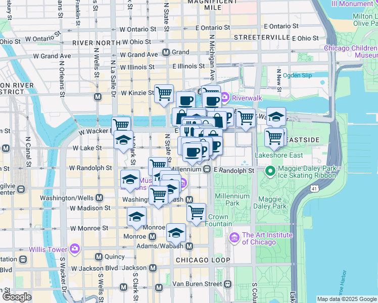 map of restaurants, bars, coffee shops, grocery stores, and more near 185 North Wabash Avenue in Chicago