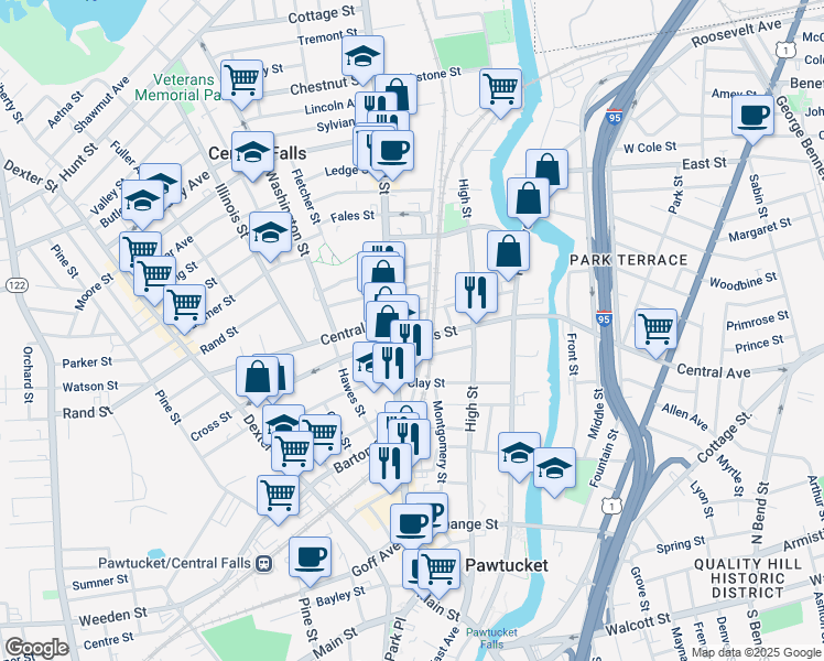 map of restaurants, bars, coffee shops, grocery stores, and more near 85 Cross Street in Central Falls