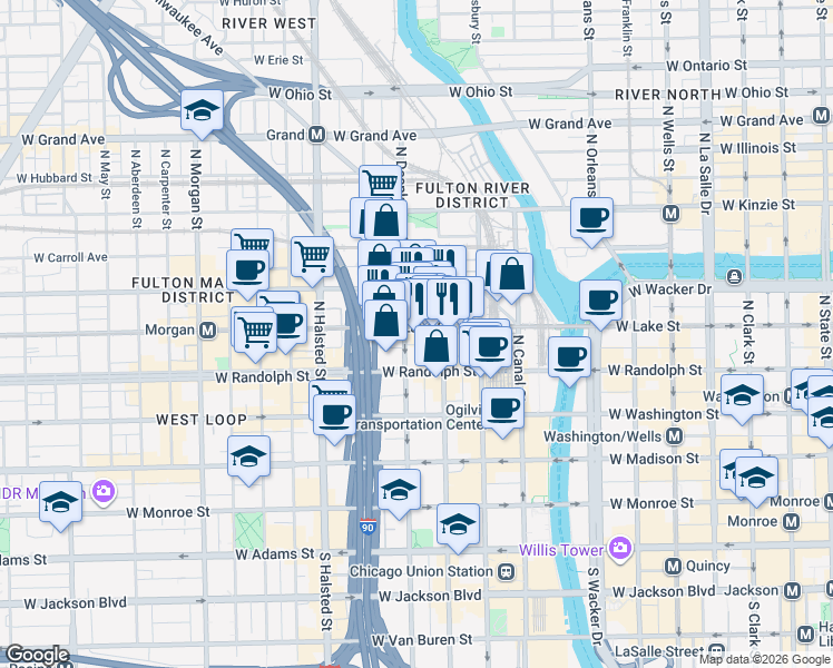 map of restaurants, bars, coffee shops, grocery stores, and more near 625 West Lake Street in Chicago