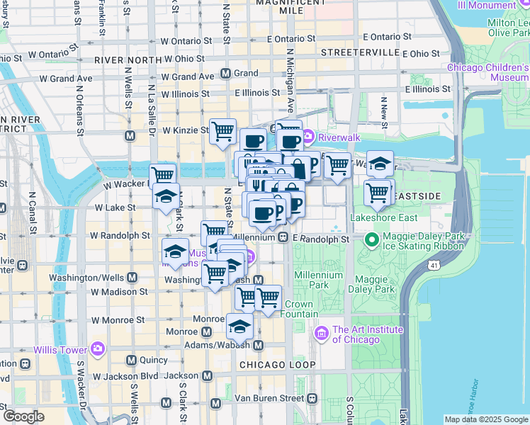 map of restaurants, bars, coffee shops, grocery stores, and more near 63 East Lake Street in Chicago