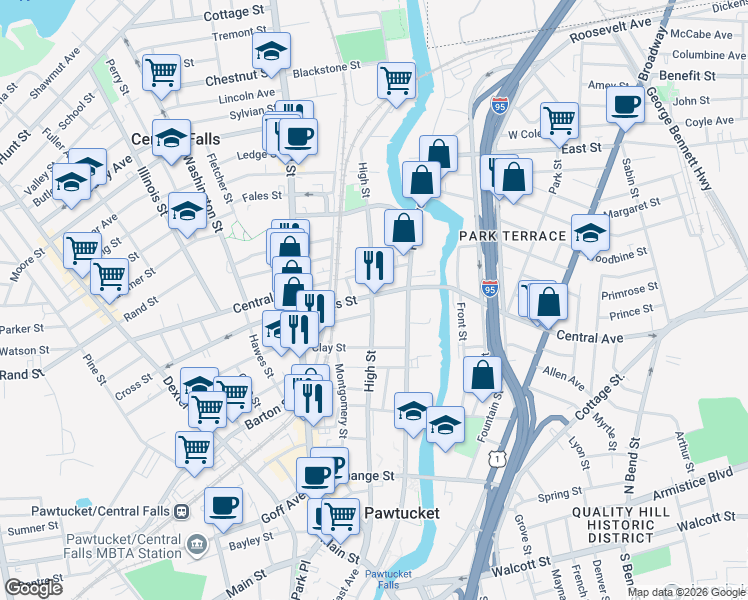 map of restaurants, bars, coffee shops, grocery stores, and more near 27 Cross Street in Central Falls