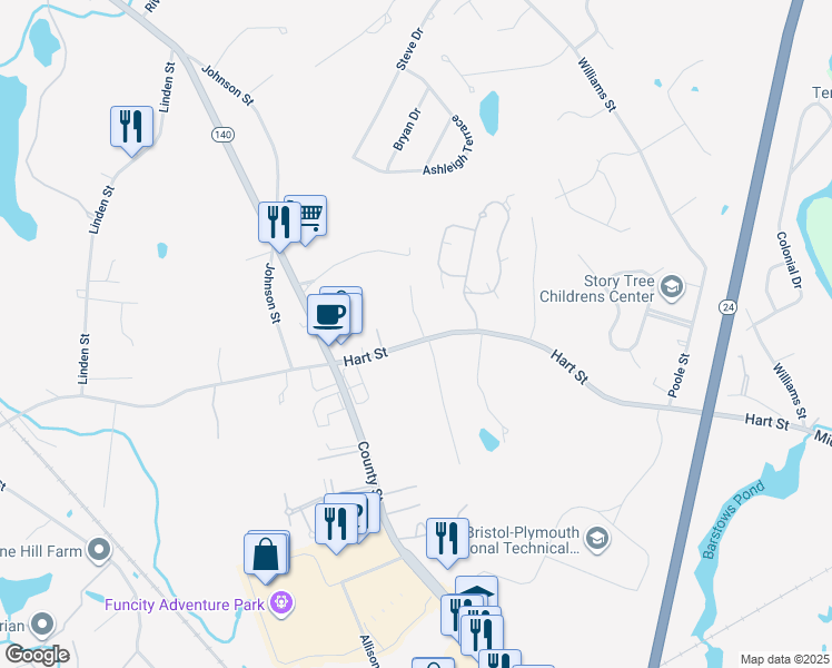 map of restaurants, bars, coffee shops, grocery stores, and more near 152 Hart Street in Taunton