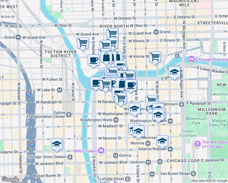 map of restaurants, bars, coffee shops, grocery stores, and more near 201 West Lake Street in Chicago