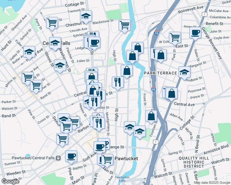 map of restaurants, bars, coffee shops, grocery stores, and more near 426 High Street in Central Falls