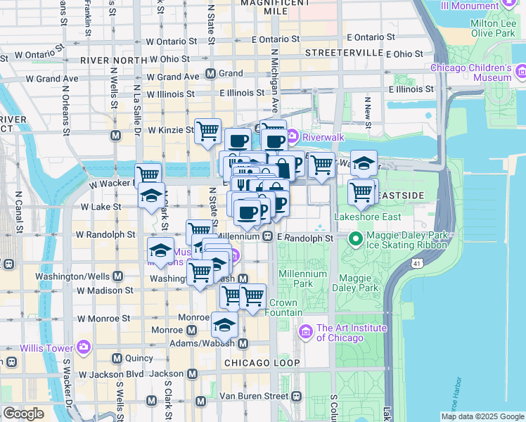 map of restaurants, bars, coffee shops, grocery stores, and more near 180 North Michigan Avenue in Chicago