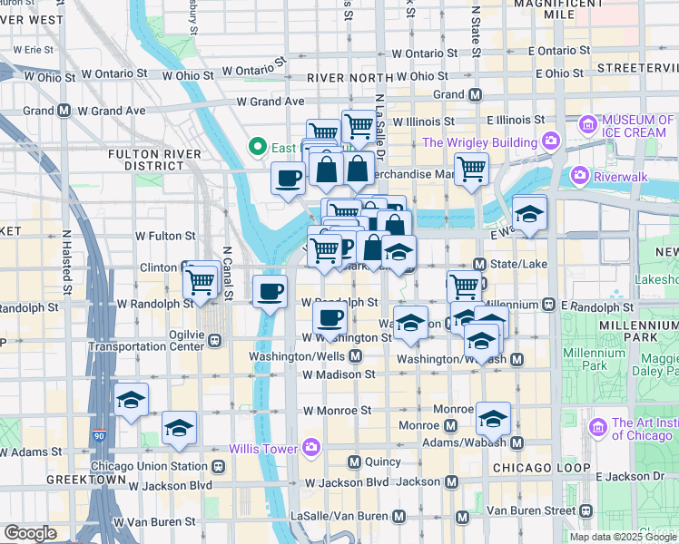 map of restaurants, bars, coffee shops, grocery stores, and more near 215 West Lake Street in Chicago