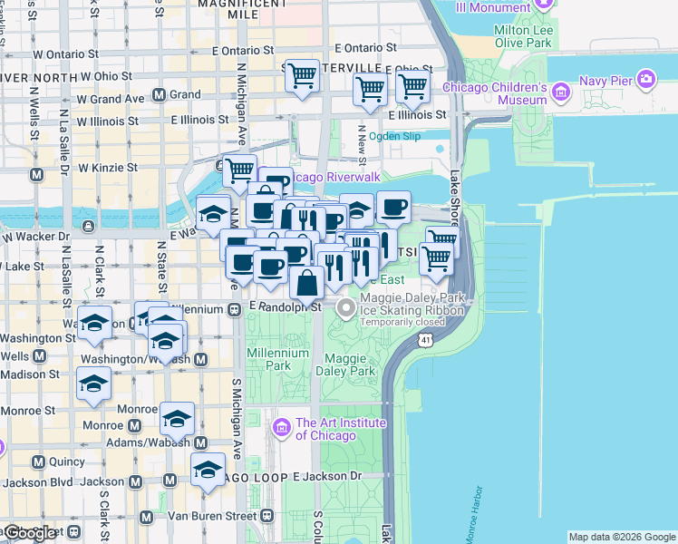 map of restaurants, bars, coffee shops, grocery stores, and more near 192 North Park Drive in Chicago