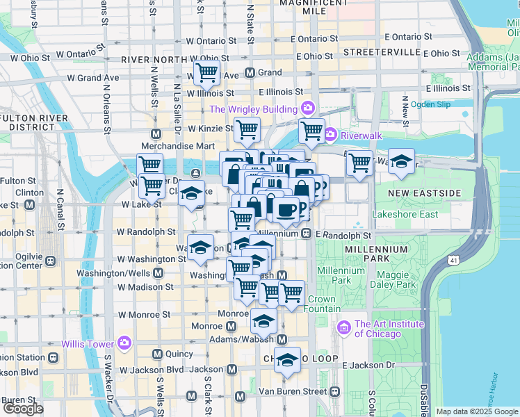 map of restaurants, bars, coffee shops, grocery stores, and more near 30 East Lake Street in Chicago