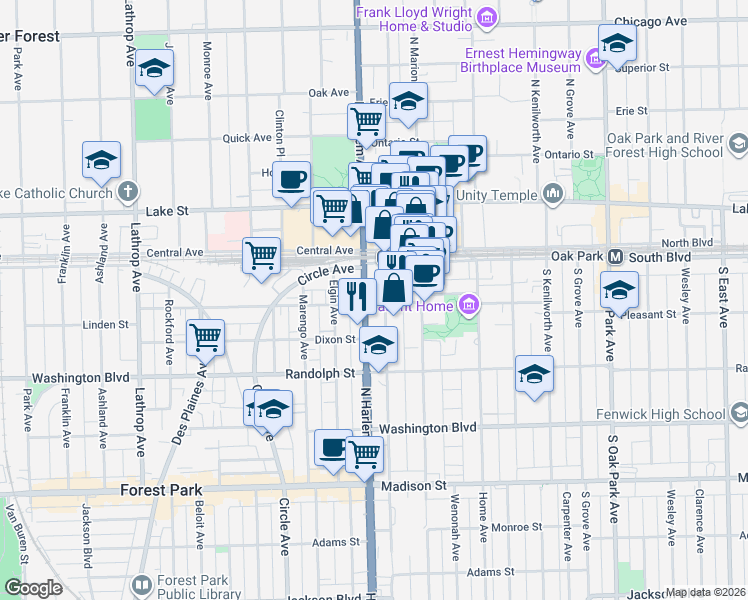 map of restaurants, bars, coffee shops, grocery stores, and more near 116 1/2 South Maple Avenue in Oak Park