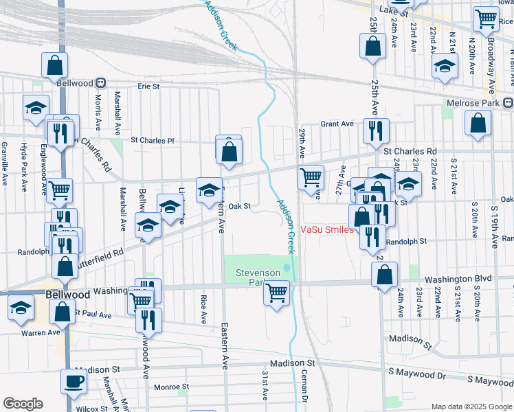 map of restaurants, bars, coffee shops, grocery stores, and more near 3100 Oak Street in Bellwood