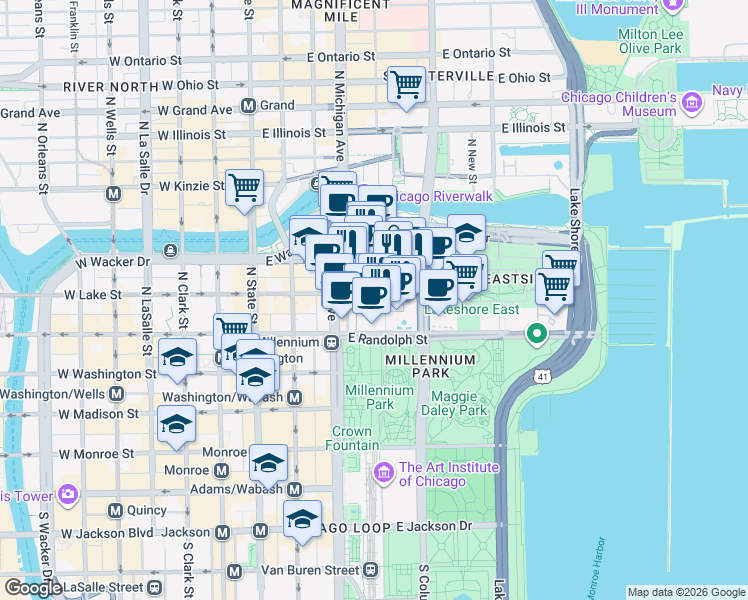 map of restaurants, bars, coffee shops, grocery stores, and more near 180 North Stetson Avenue in Chicago