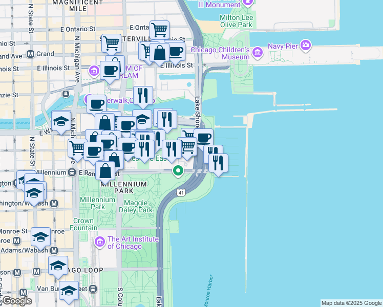 map of restaurants, bars, coffee shops, grocery stores, and more near 195 North Harbor Drive in Chicago
