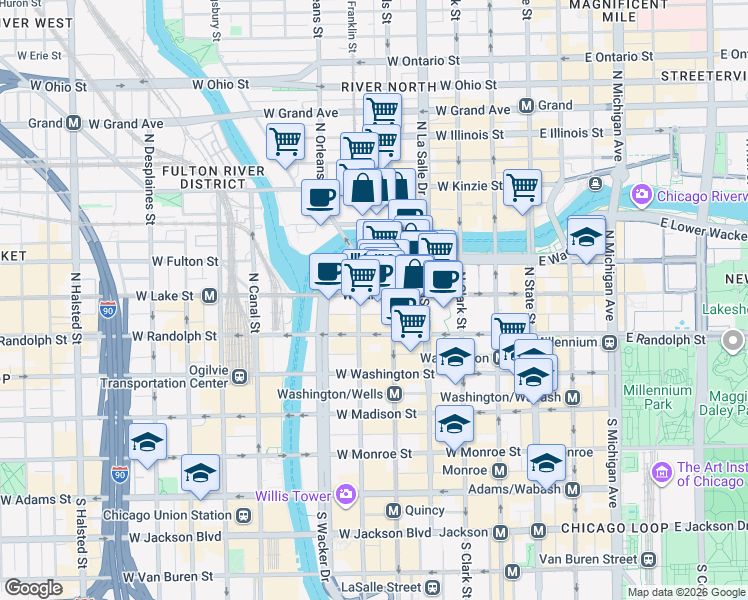 map of restaurants, bars, coffee shops, grocery stores, and more near 204 North Wells Street in Chicago