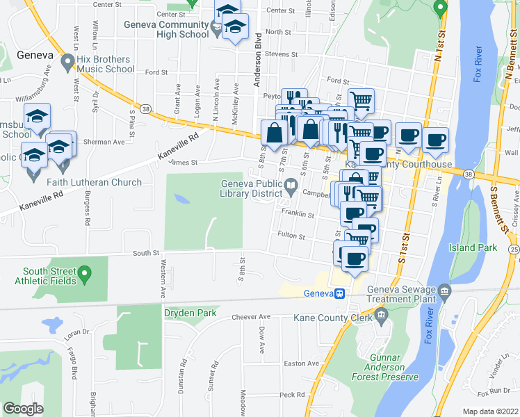 map of restaurants, bars, coffee shops, grocery stores, and more near 250 Kenston Court in Geneva