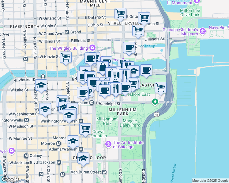 map of restaurants, bars, coffee shops, grocery stores, and more near 200 North Columbus Drive in Chicago