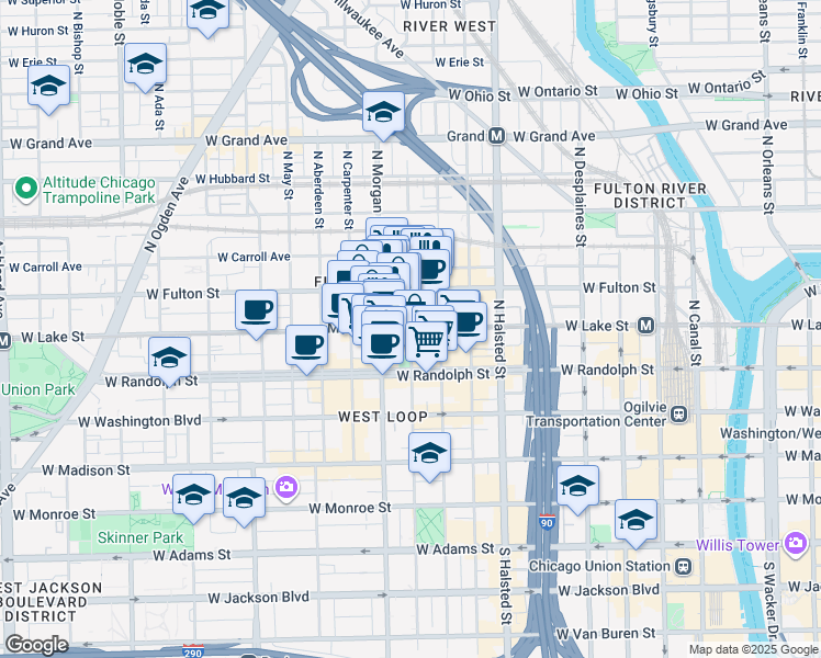 map of restaurants, bars, coffee shops, grocery stores, and more near West Lake Street & North Sangamon Street in Chicago
