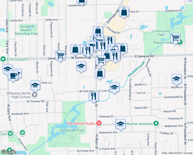 map of restaurants, bars, coffee shops, grocery stores, and more near 2019 North Main Street in Wheaton
