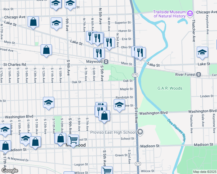 map of restaurants, bars, coffee shops, grocery stores, and more near 216 South 4th Avenue in Maywood