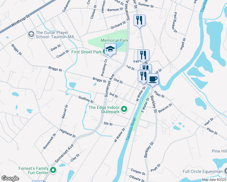 map of restaurants, bars, coffee shops, grocery stores, and more near 9 Charles Street in Taunton