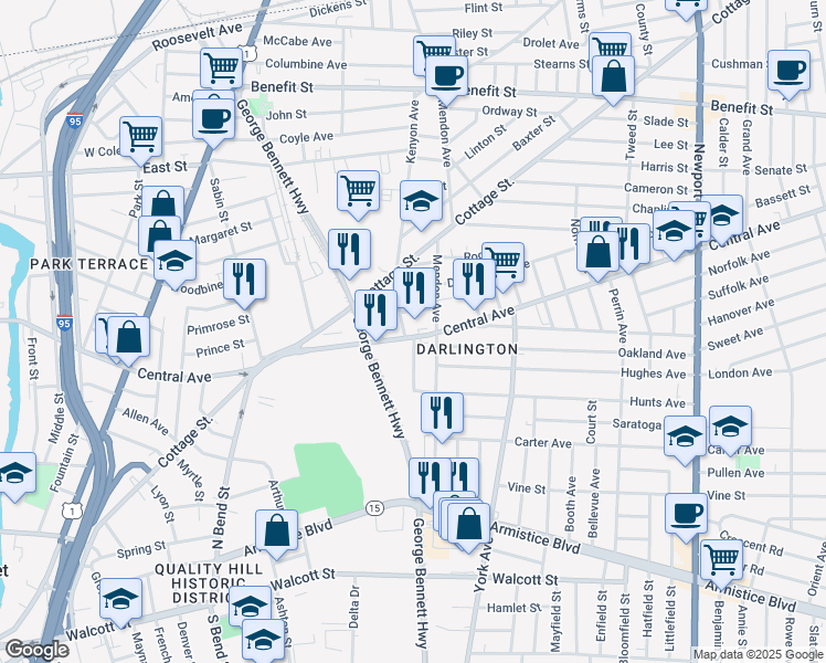 map of restaurants, bars, coffee shops, grocery stores, and more near 15 Kenyon Avenue in Pawtucket
