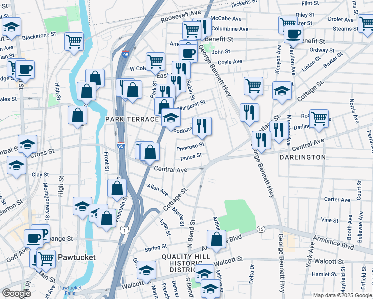 map of restaurants, bars, coffee shops, grocery stores, and more near 193 Carnation Street in Pawtucket