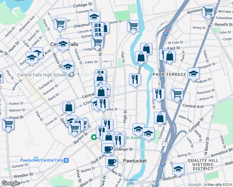 map of restaurants, bars, coffee shops, grocery stores, and more near 26 Elm Street in Central Falls