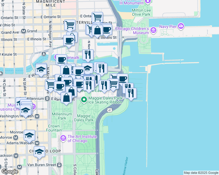 map of restaurants, bars, coffee shops, grocery stores, and more near 195 North Harbor Service Drive in Chicago