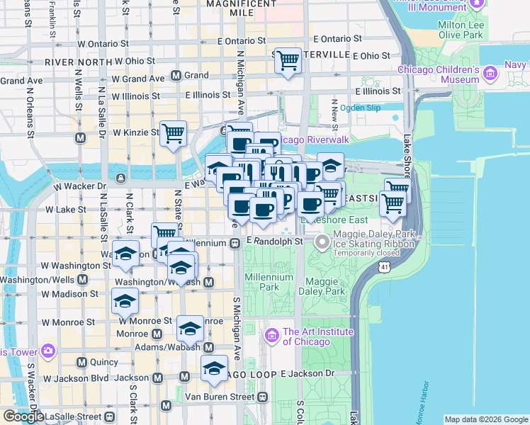 map of restaurants, bars, coffee shops, grocery stores, and more near 221 North Stetson Avenue in Chicago