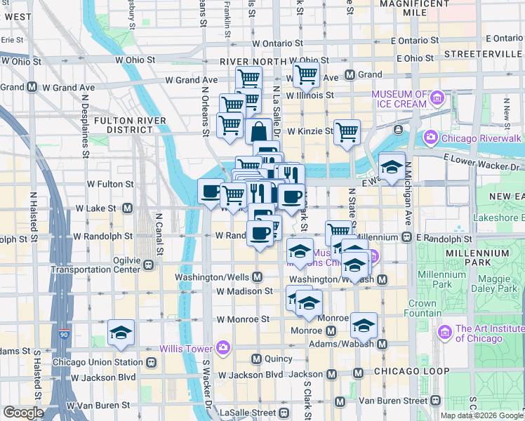 map of restaurants, bars, coffee shops, grocery stores, and more near 200 North LaSalle Drive in Chicago