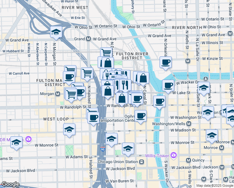map of restaurants, bars, coffee shops, grocery stores, and more near 200 North Jefferson Street in Chicago
