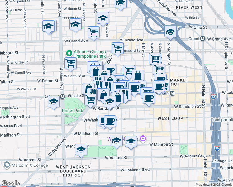 map of restaurants, bars, coffee shops, grocery stores, and more near 1326 West Lake Street in Chicago