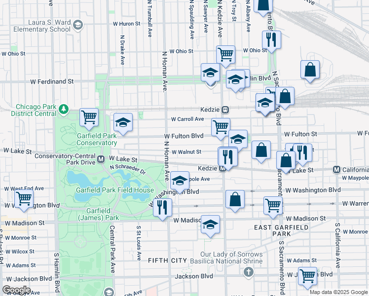 map of restaurants, bars, coffee shops, grocery stores, and more near 3317 West Fulton Boulevard in Chicago