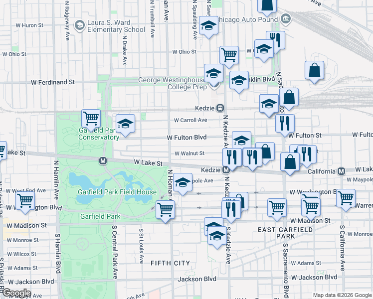 map of restaurants, bars, coffee shops, grocery stores, and more near 3317 West Fulton Boulevard in Chicago