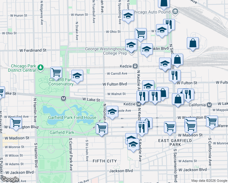 map of restaurants, bars, coffee shops, grocery stores, and more near 3317 West Fulton Boulevard in Chicago
