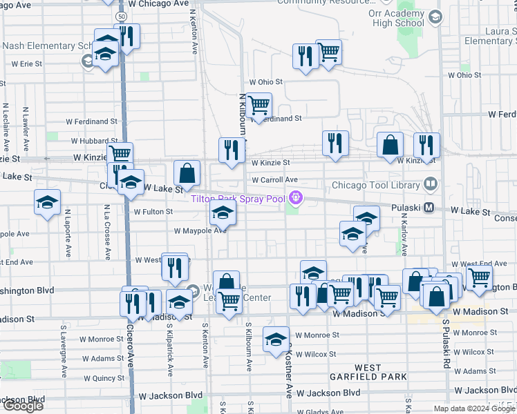 map of restaurants, bars, coffee shops, grocery stores, and more near 4457 West Lake Street in Chicago