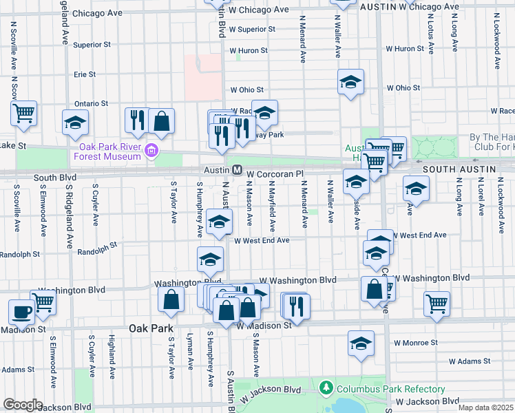 map of restaurants, bars, coffee shops, grocery stores, and more near 310 North Mayfield Avenue in Chicago