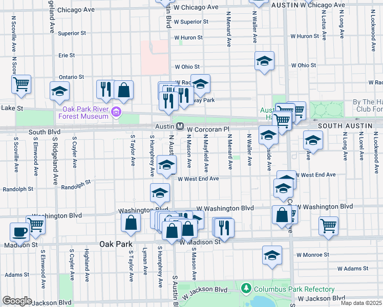 map of restaurants, bars, coffee shops, grocery stores, and more near 310 North Mayfield Avenue in Chicago
